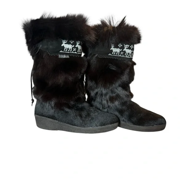 AUTHENTIC TECNICA BLACK FUR BOOTS WITH EMBROIDERED REINDEER 41 Italian/ US 9.5